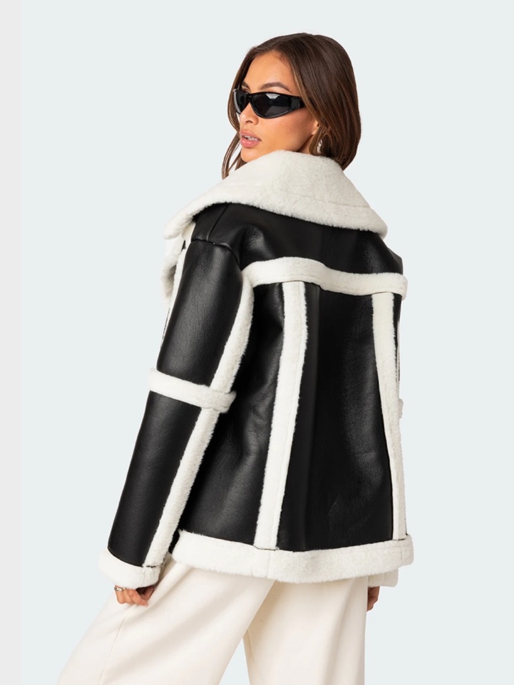 Edikted Black and Cream Faux Shearling Aviator Jacket